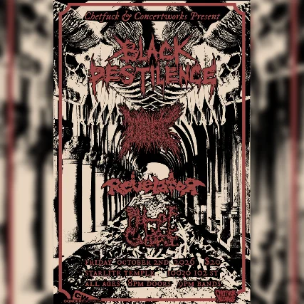 Event artwork: Black Pestilence, Dirge w/ Revelator, Pit of Gore — The Starlite Room - Temple — Edmonton — 2 October 2026