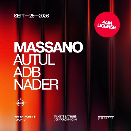 Event artwork: Massano | 4AM License — CODA — Toronto — 26 September 2026